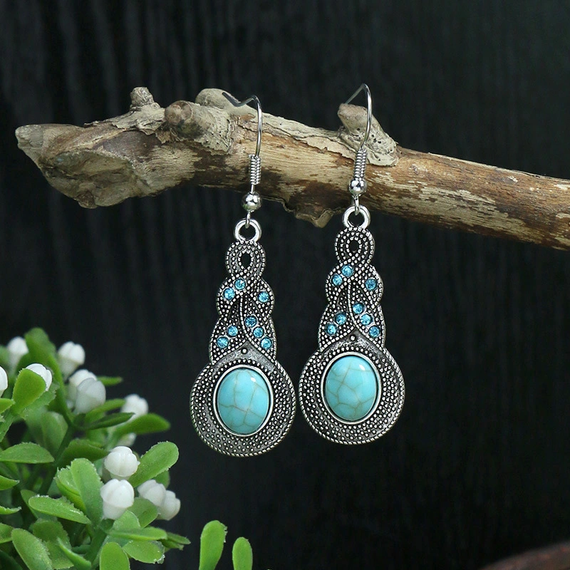 Bohemia Retro Turquoise Stone Vintage Drop Long Earrings Jewelry for Women