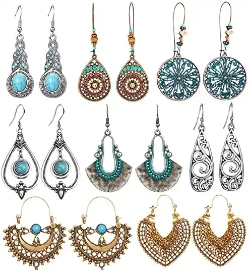 Pendientes largos bohemios retro de piedra turquesa vintage para mujer