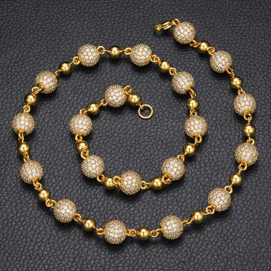 Nuevo diseño de cadena, collar de cadena de cuentas heladas de 10mm, latón chapado en oro de 18 quilates, joyería de moda al por mayor con diamantes Aaaaa CZ